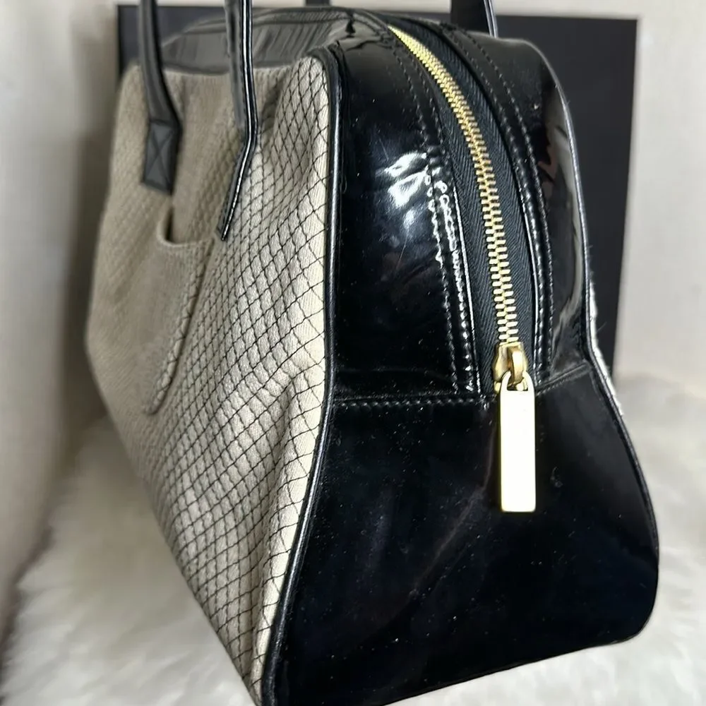 💯Authentic Chanel Cream & Black Patent Leather & Knit Quilted Bowler Bag🍀